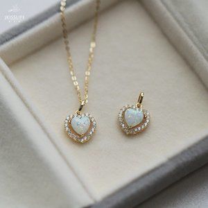 14k Gold Halo Opal Heart Necklace, Bridesmaid Opal Necklace, Gift For Her